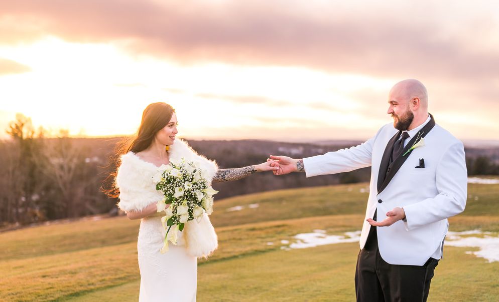 Bride and groom at sunset.