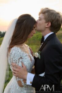 Bride and groom at sunset.