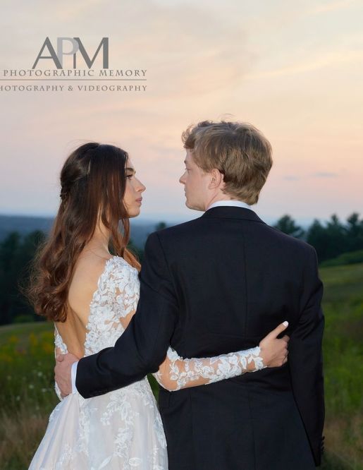 Bride and groom at sunset.