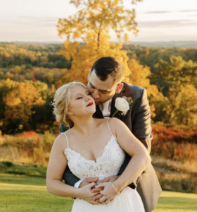 Bride and groom at sunset.