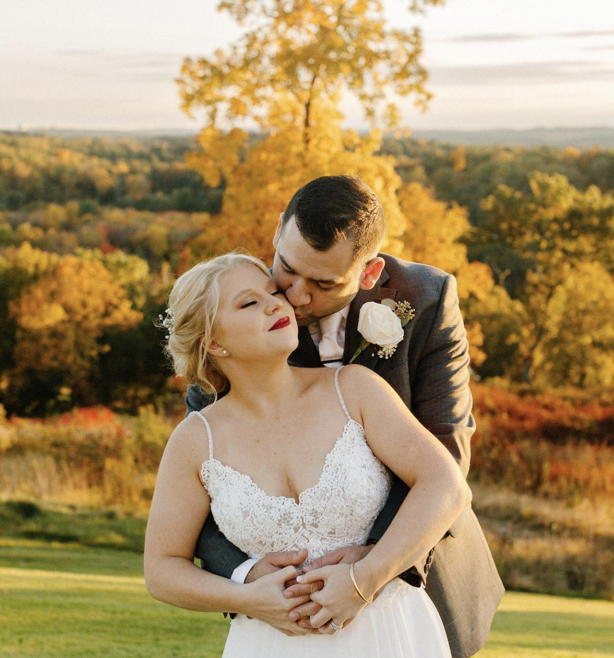 Bride and groom at sunset.