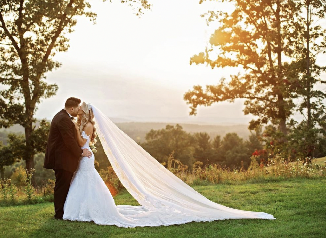 Bride and groom at sunset.