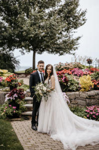 Bride and groom in the garden.