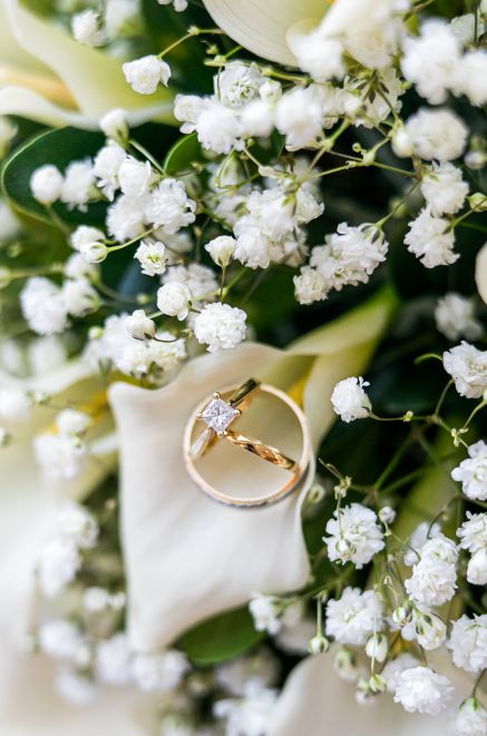 Wedding rings on a bouquet.