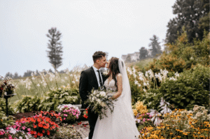 Bride and groom in the garden.