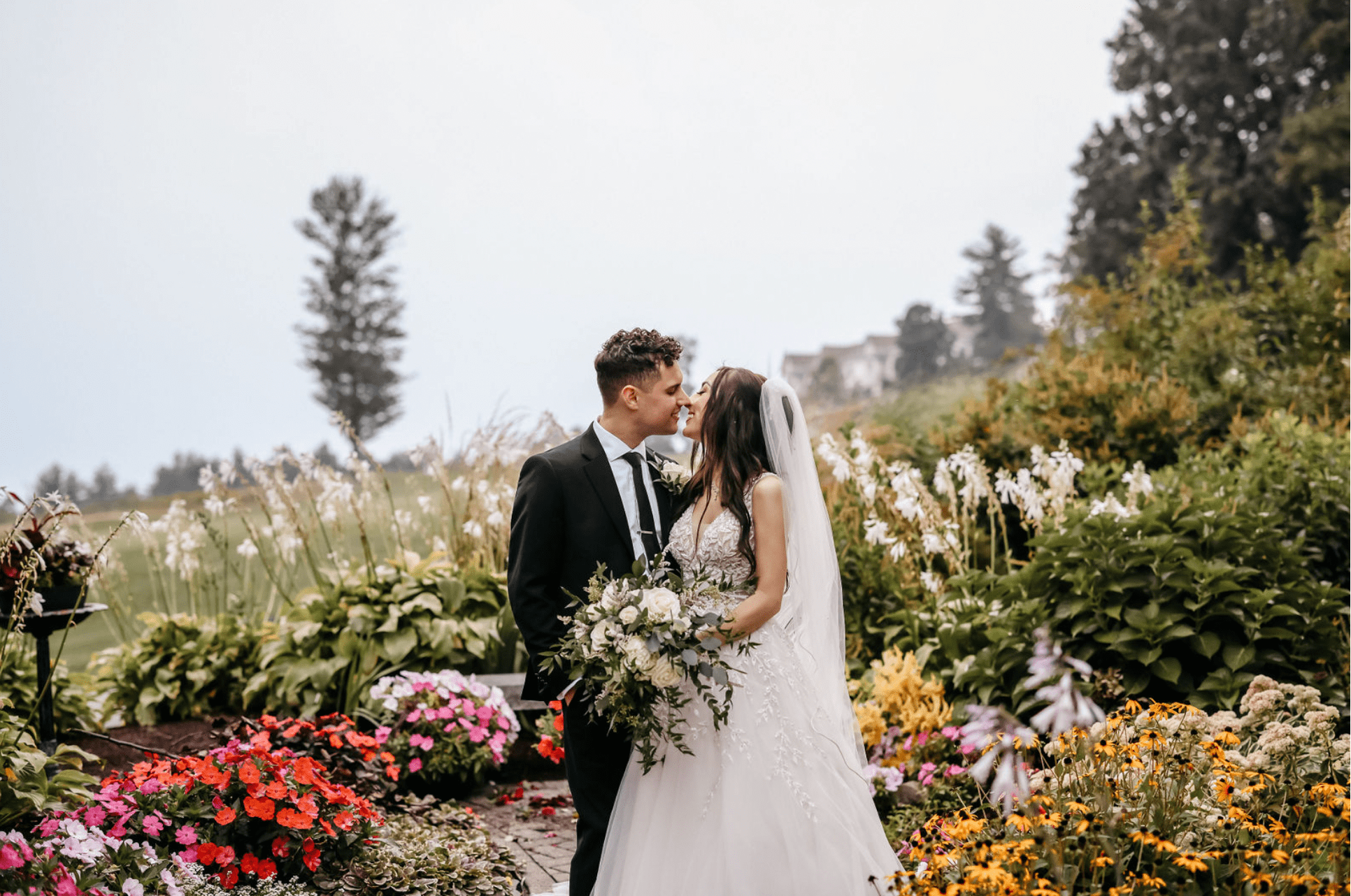 Bride and groom in the garden.