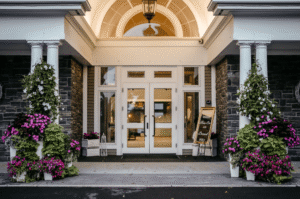 Flower-adorned entry way.