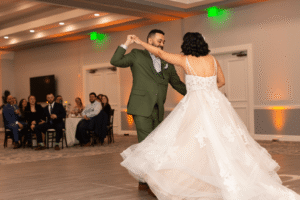 Bride and groom share their first dance.